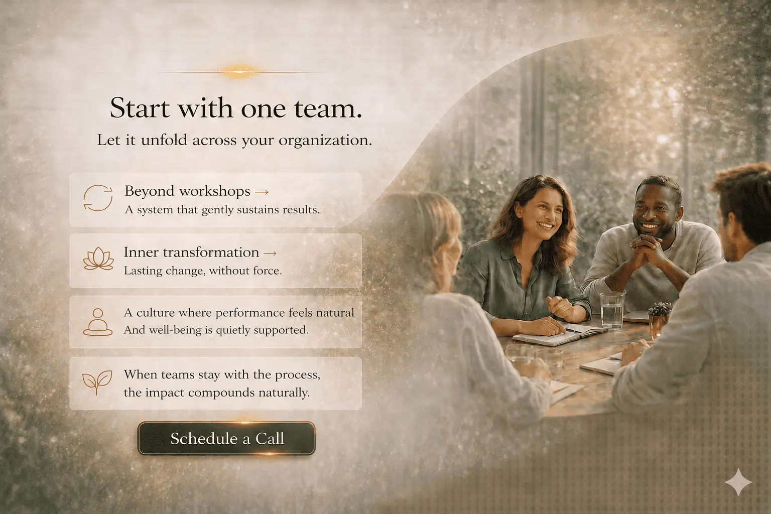 Leadership team beginning a corporate transformation pilot with one team, illustrating a practical, low-risk approach to introducing Alpha Healing Meditations before expanding across the organization.
